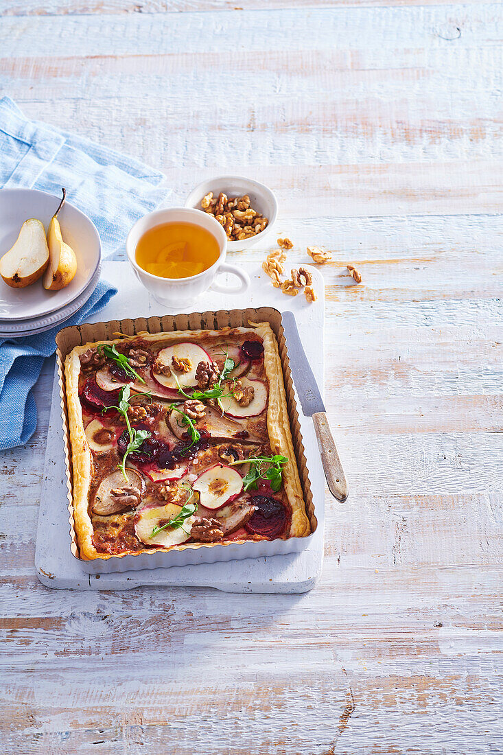 Pear and walnut quiche with blue cheese