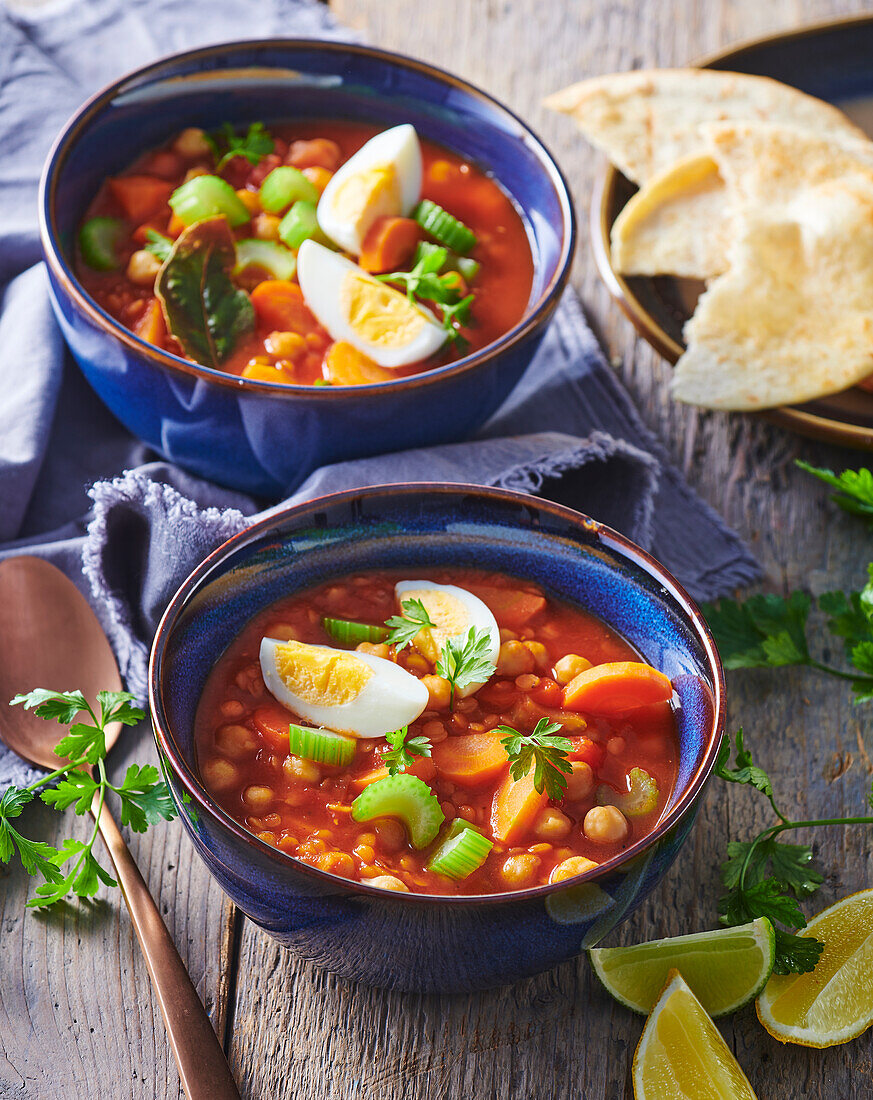 Marokkanische Linsensuppe mit Kichererbsen, Ei und Fladenbrot