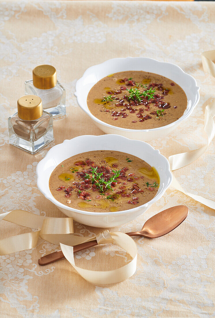 Chestnut soup with bacon and fresh herbs