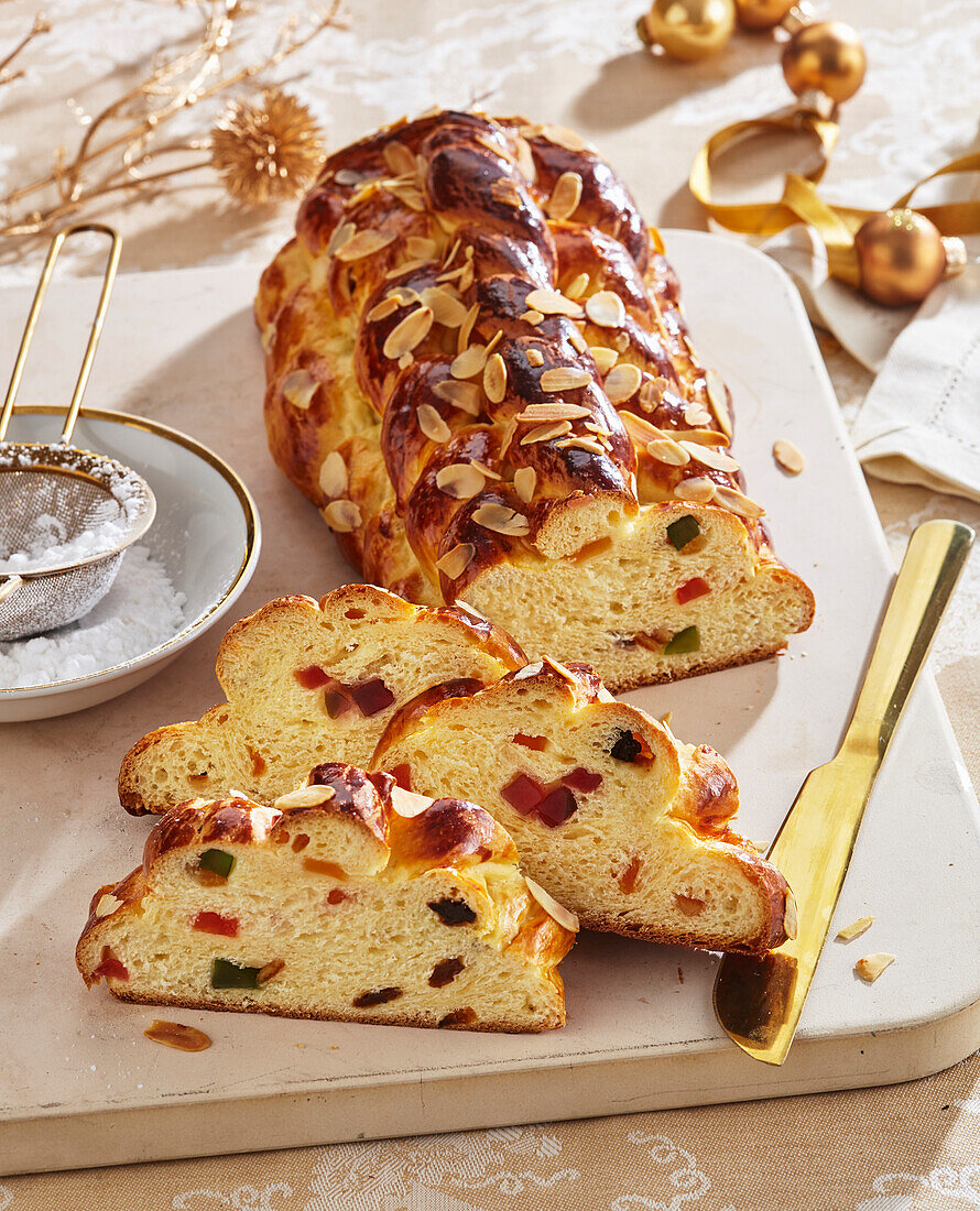 Braided yeast plait with candied fruit and sultanas