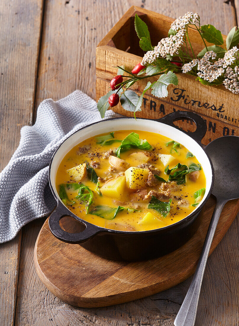 Tuscan-style pumpkin soup with potatoes and salsiccia