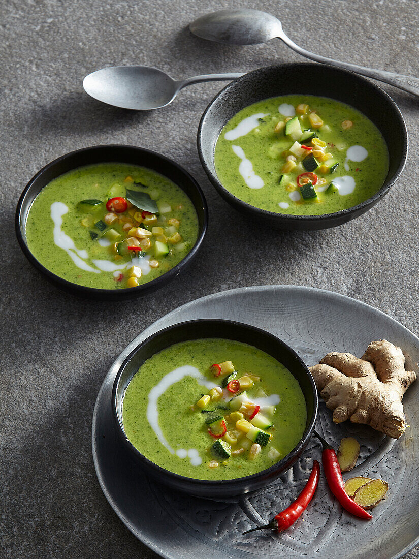 Thai green courgette soup with sweetcorn and coconut milk