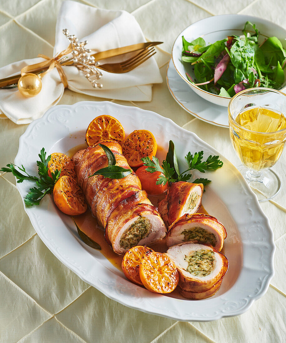 Stuffed turkey roll roast with caramelised mandarins