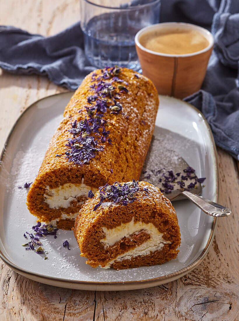Pumpkin roulade with lavender, walnuts and cream cheese filling