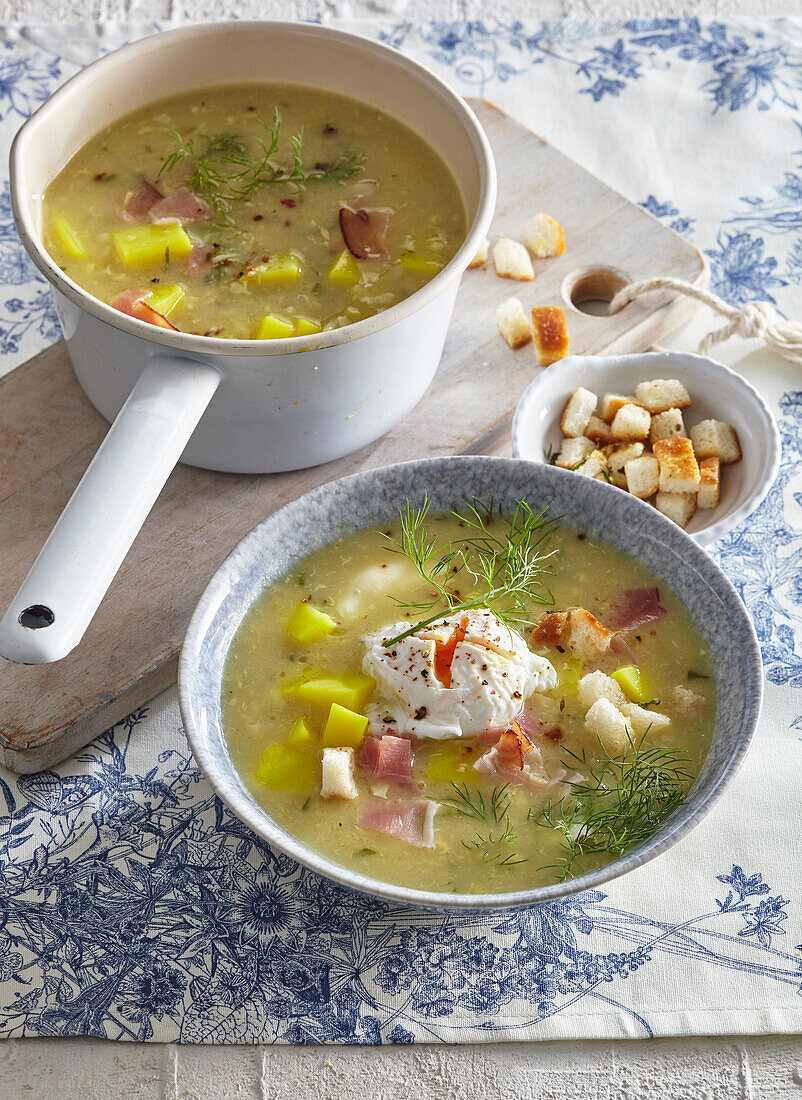 Potato soup with buttermilk, dill, egg and smoked ham