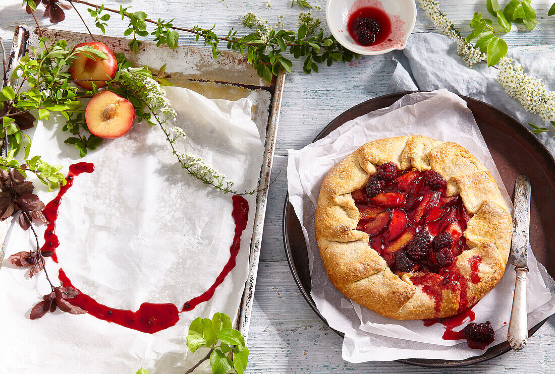 Peach galette with blackberries and almonds