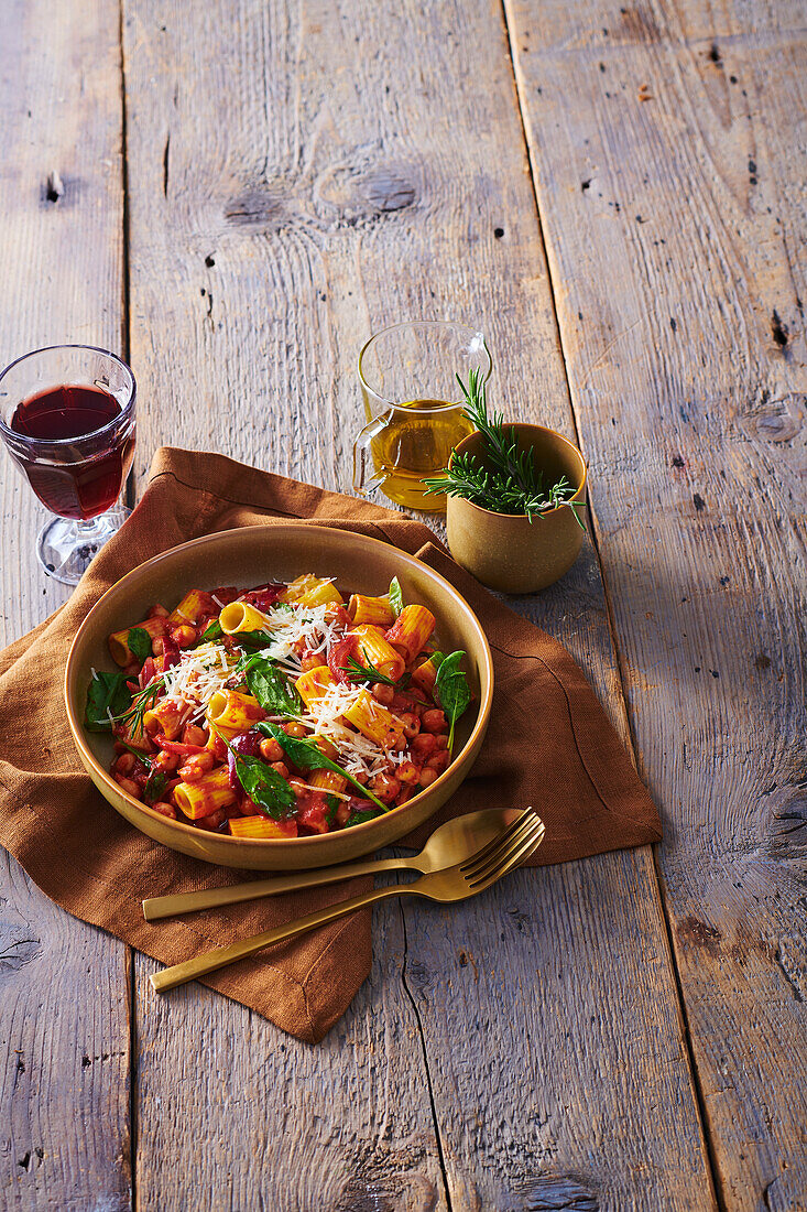 Pasta mit Kichererbsen, Spinat und Pecorino-Käse