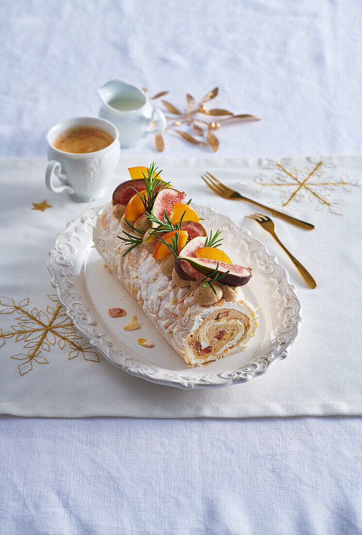 Meringue roulade with caramel cream and fresh fruit