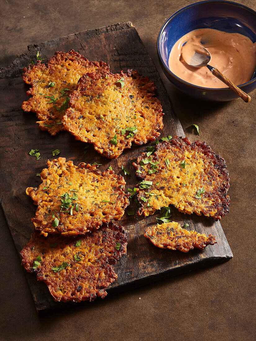 Lentil and vegetable pancakes with a savoury dip