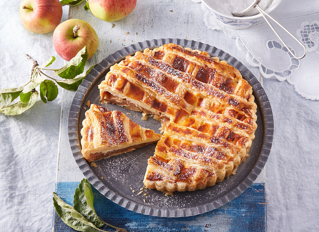Apple pie with lattice pattern and quark filling