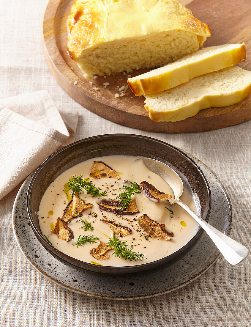 Cream of mushroom soup with dill and sour cream bread