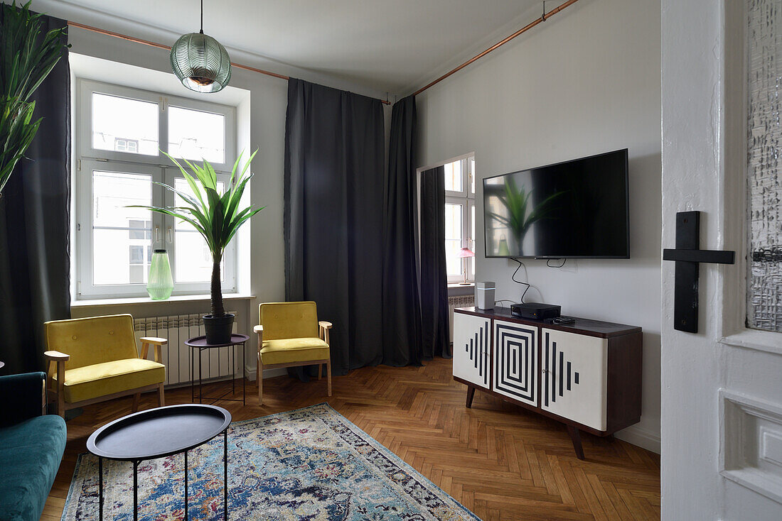 Living room with TV with vintage flair