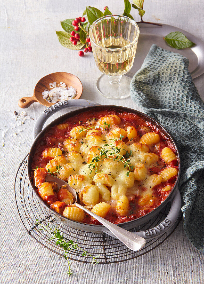 Gnocchi casserole with beef stroganoff and parmesan