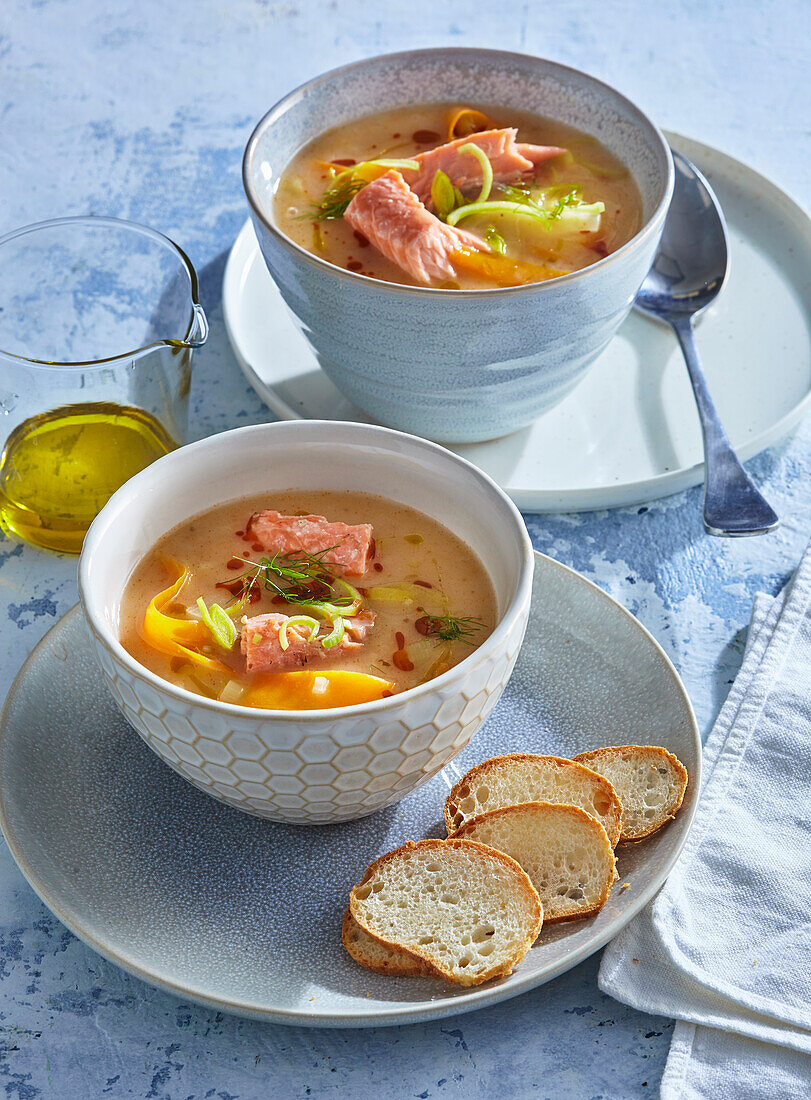 Fish soup, cream of salmon soup with vegetables