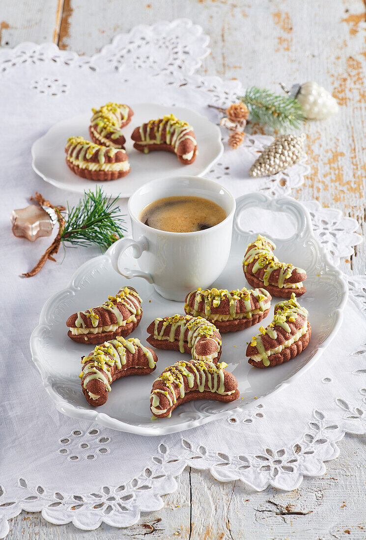 Chocolate croissants with pistachios and white chocolate