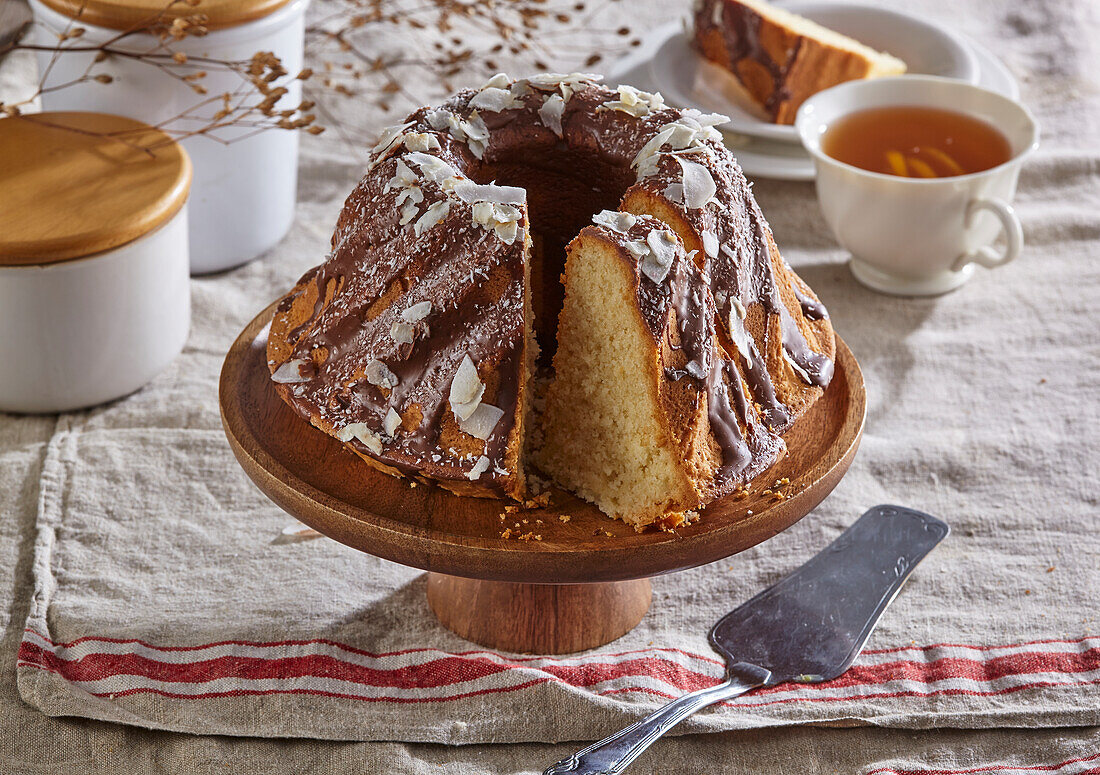 Guglhupf with coconut and chocolate icing