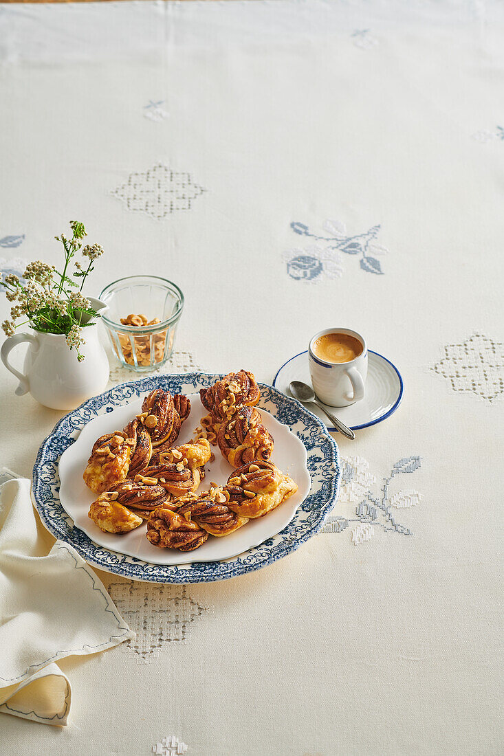 Chocolate twists with hazelnuts and nougat cream