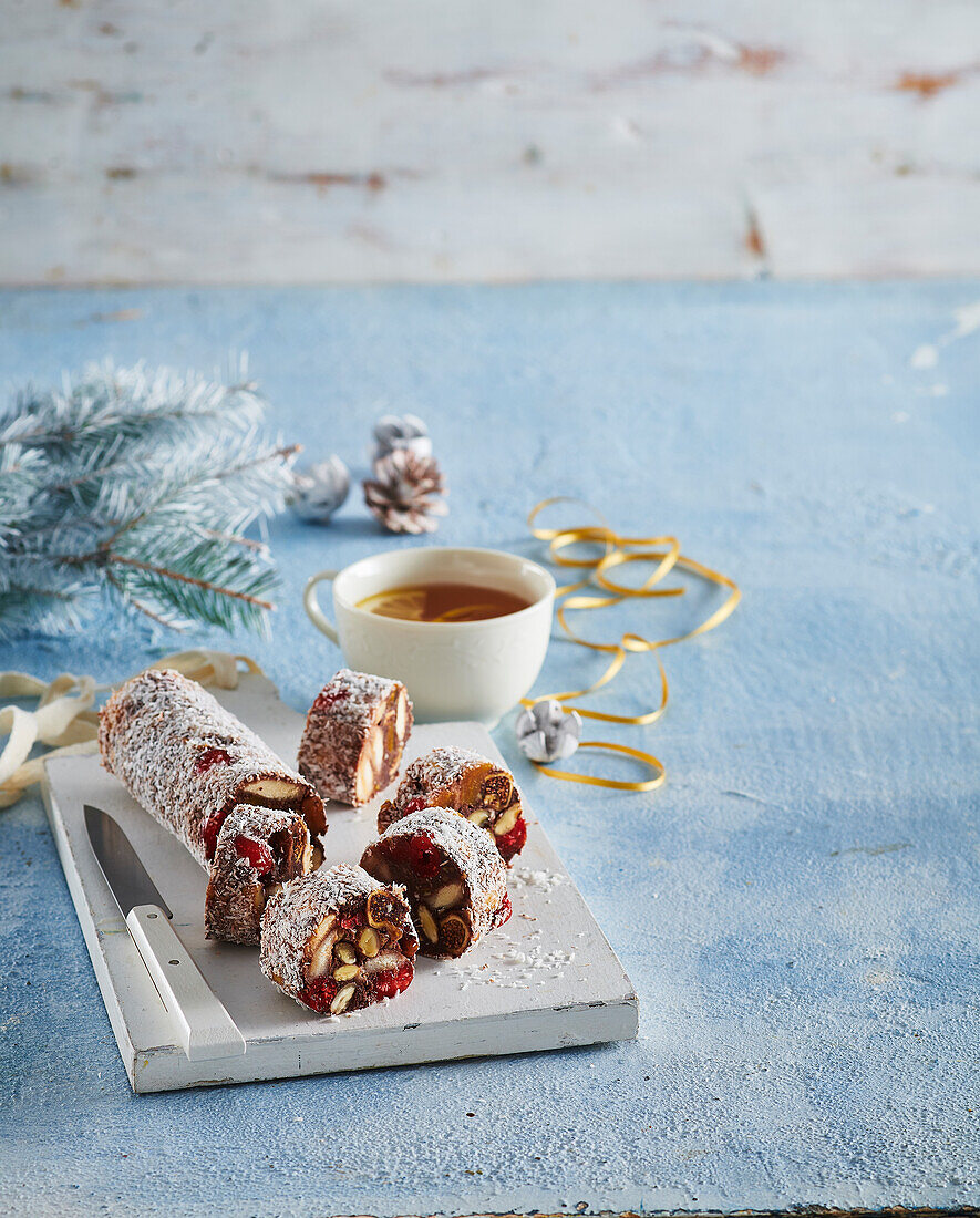 Christmas chocolate 'salami' with rum and dried fruit