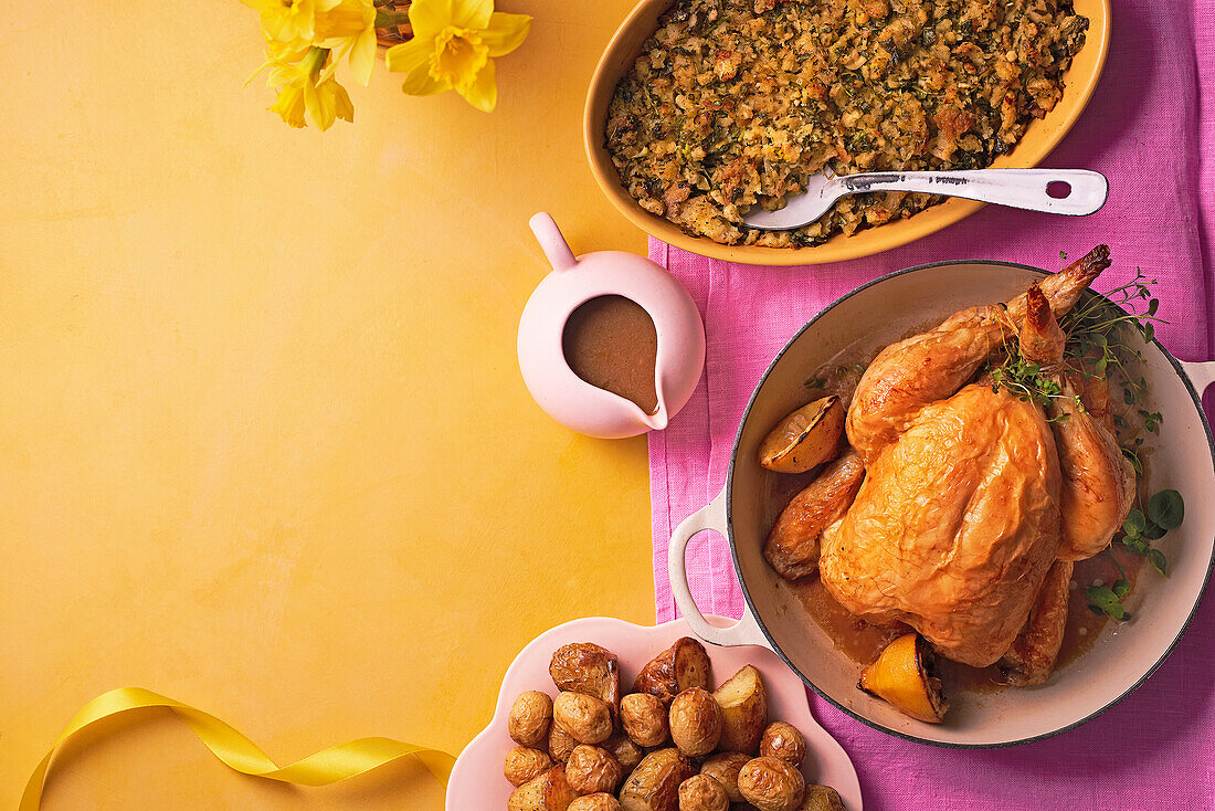 Roast chicken with potatoes and watercress stuffing