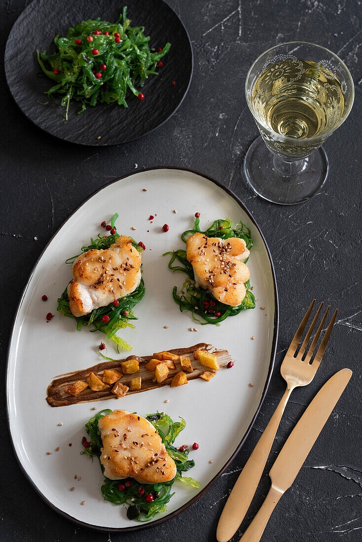 Monkfish on wakame salad with pomegranate seeds