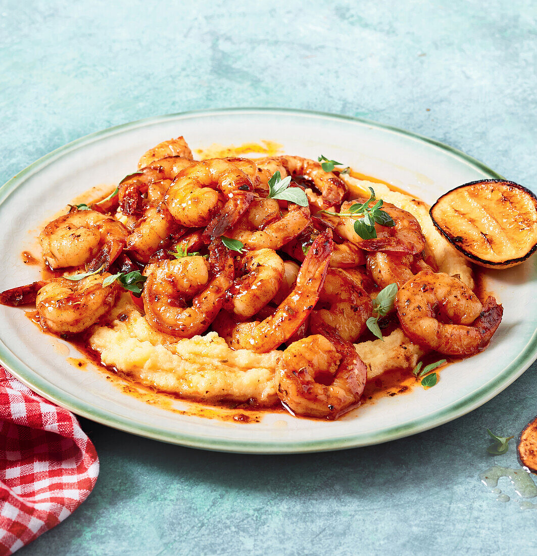 Sweet and Spicy Honey Cajun Shrimp with Polenta