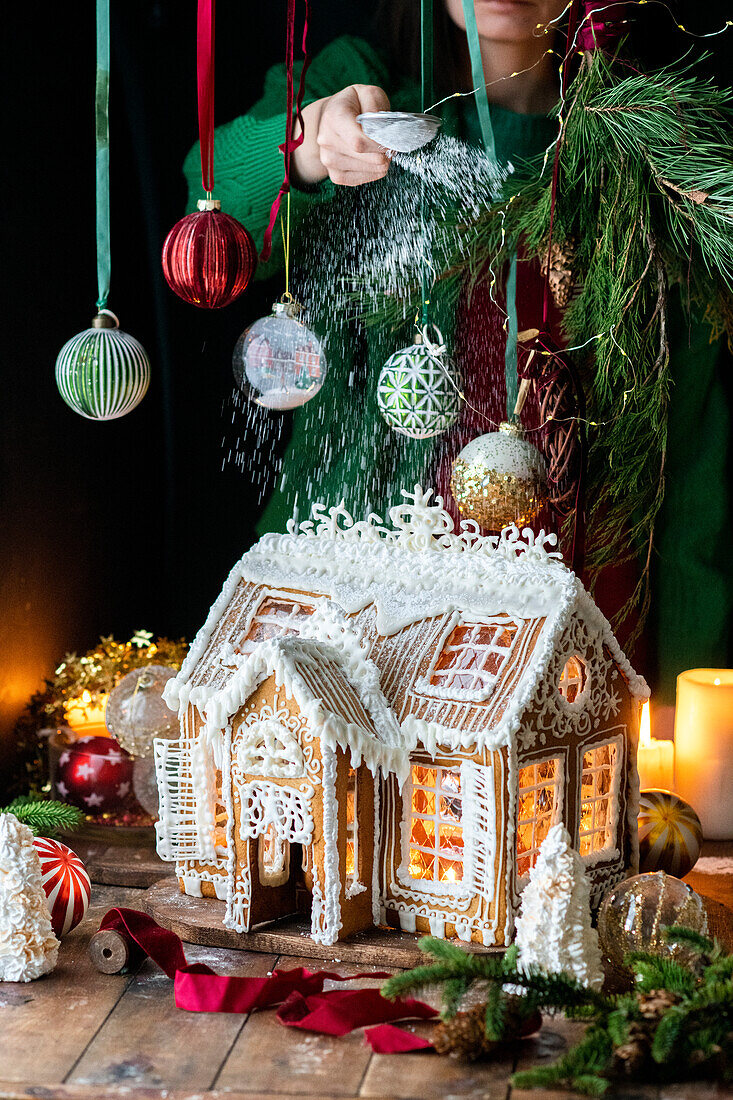 Large gingerbread house with sugar decoration