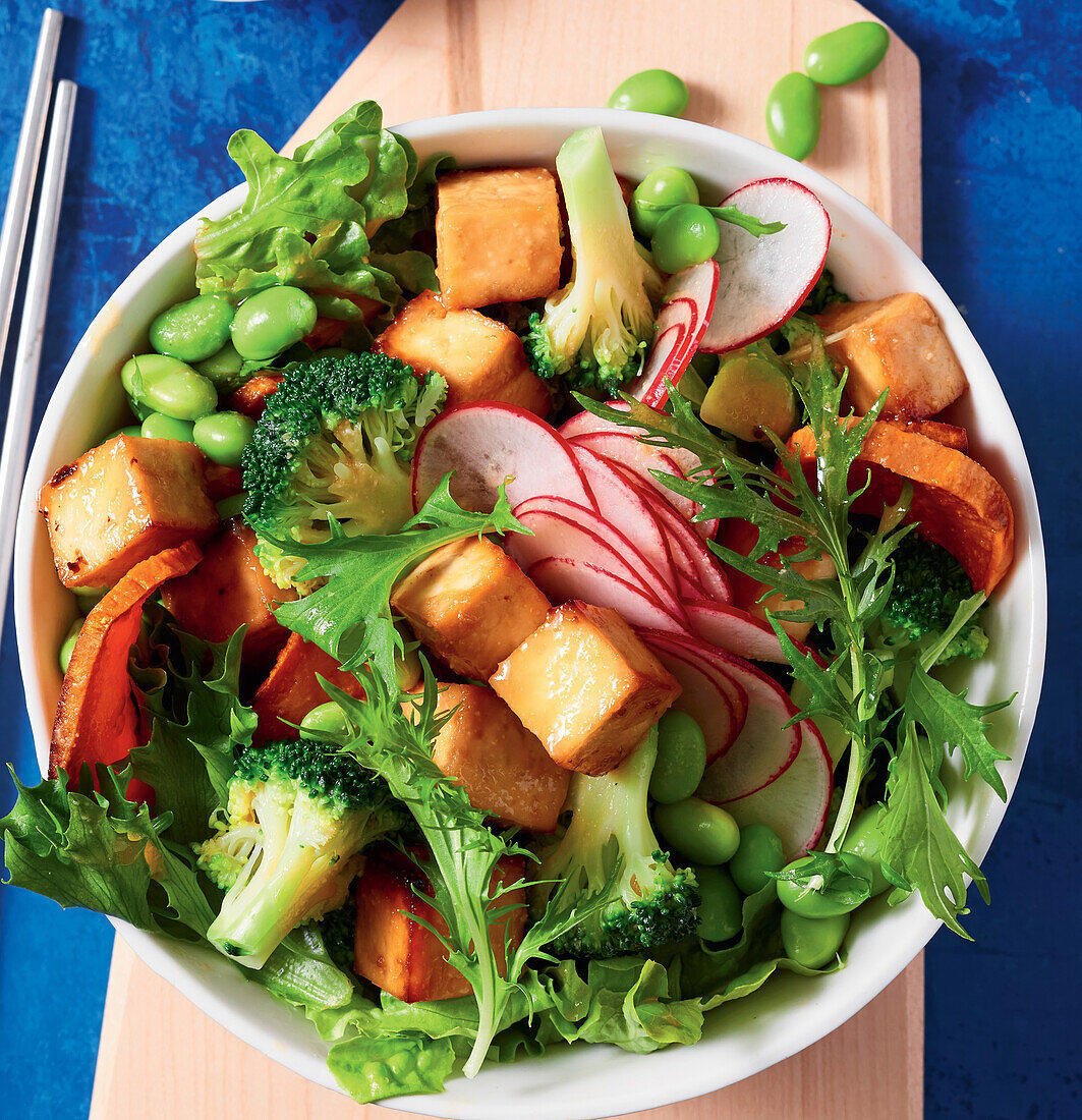 Mixed salad with miso-glazed tofu and sweet potatoes
