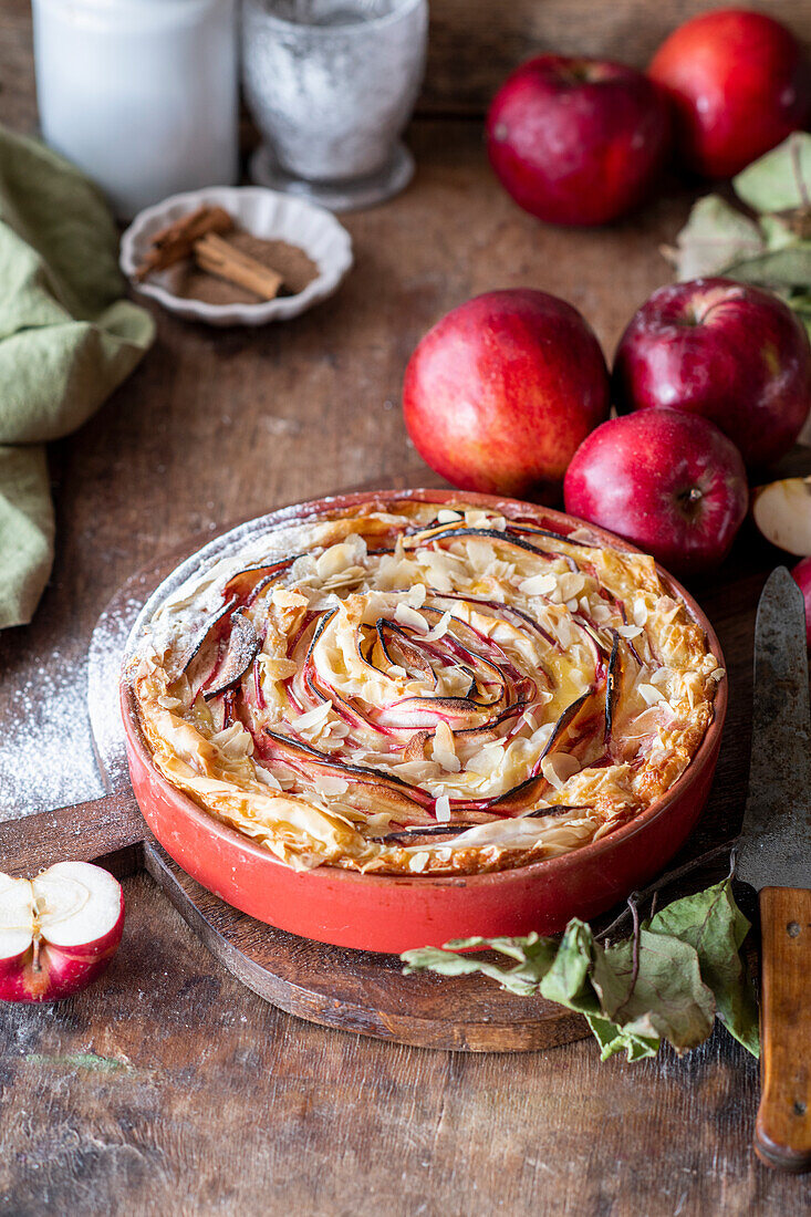 Apple cake with filo pastry and flaked almonds