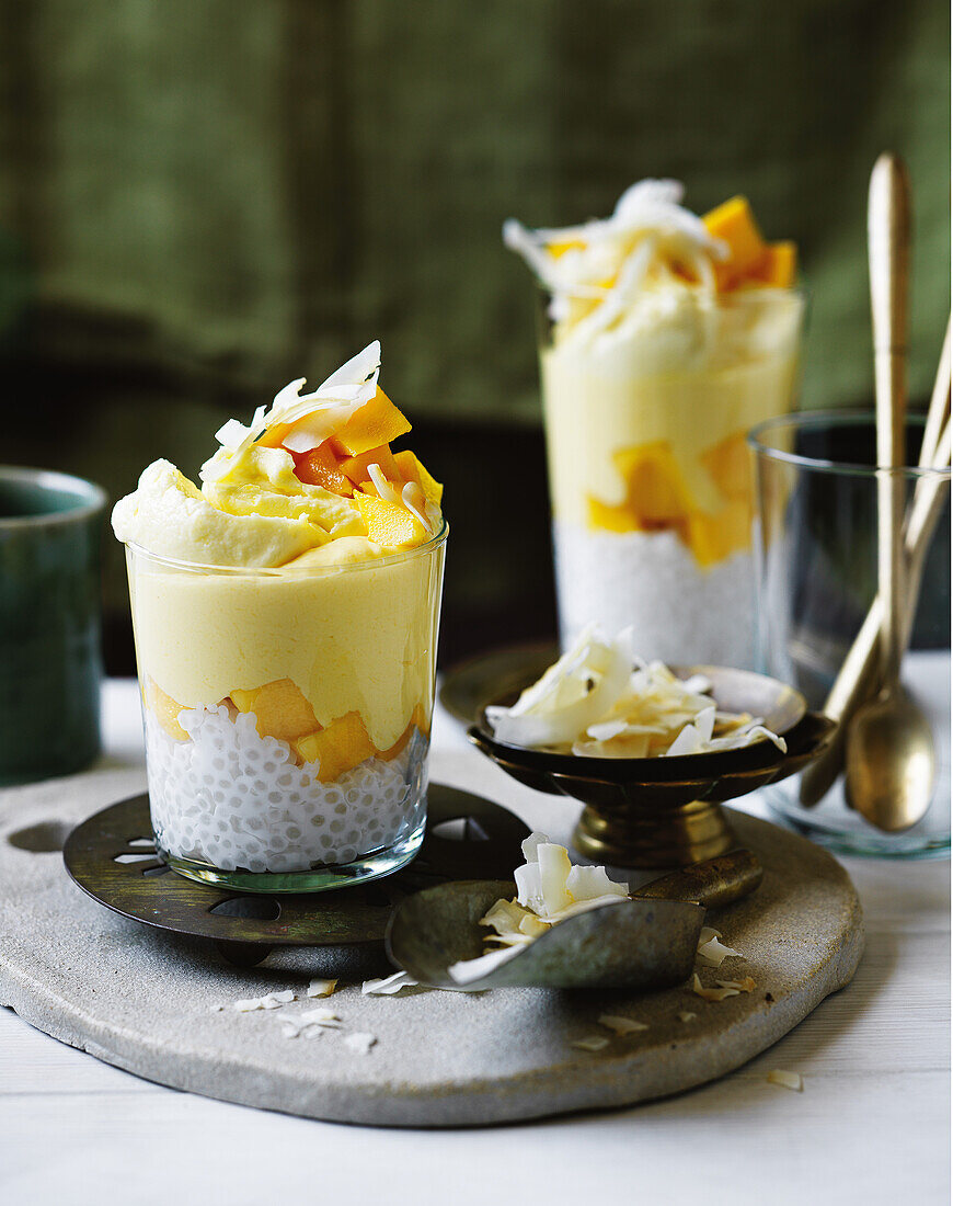 Mango and coconut cream with tapioca pearls