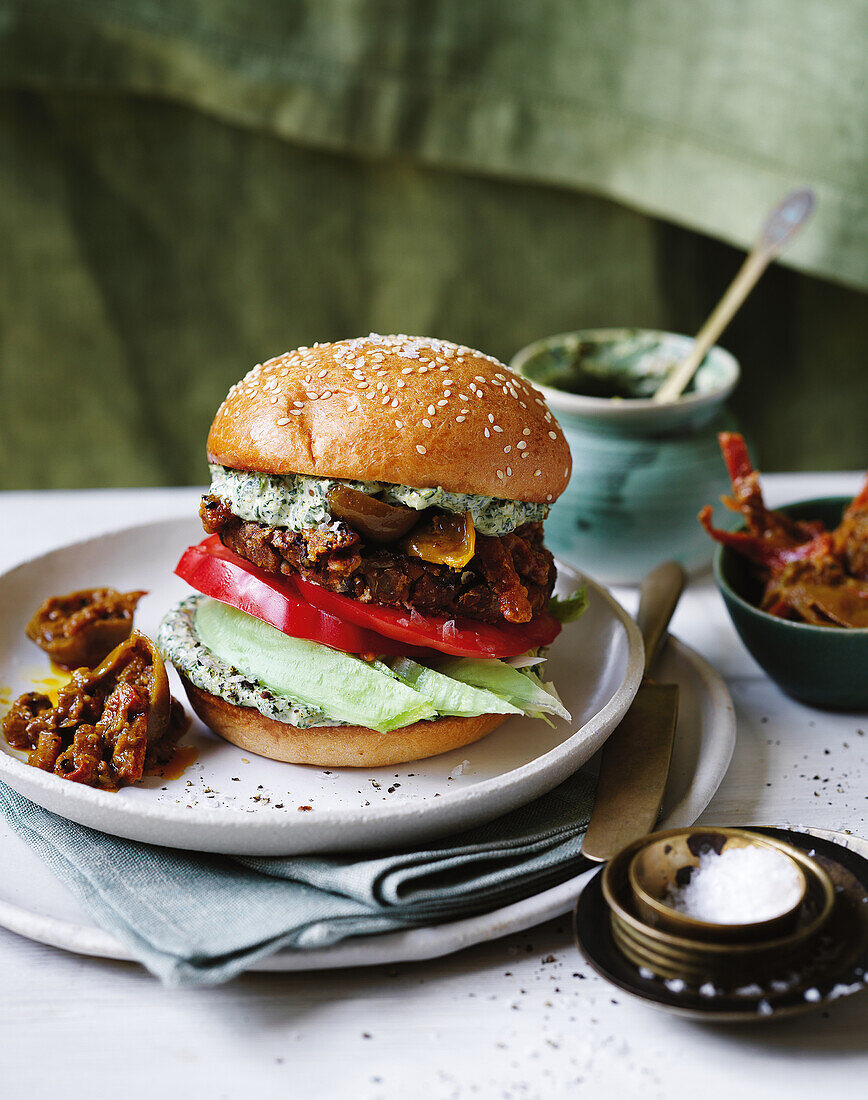 Veggie burger with chickpea patty and fresh vegetables