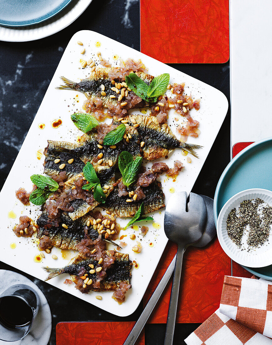 Fried Port Lincoln sardines with pine nuts and mint