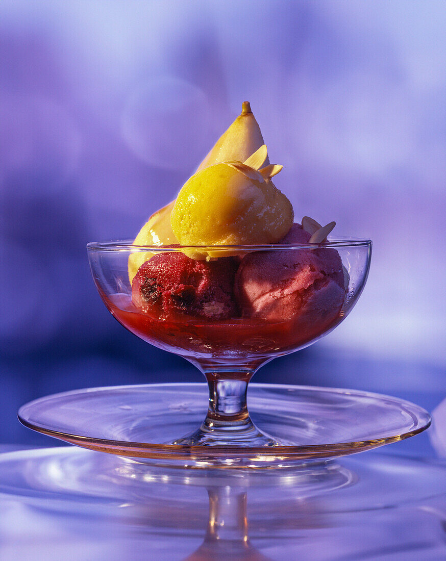 Pear and strawberry sorbet with almonds
