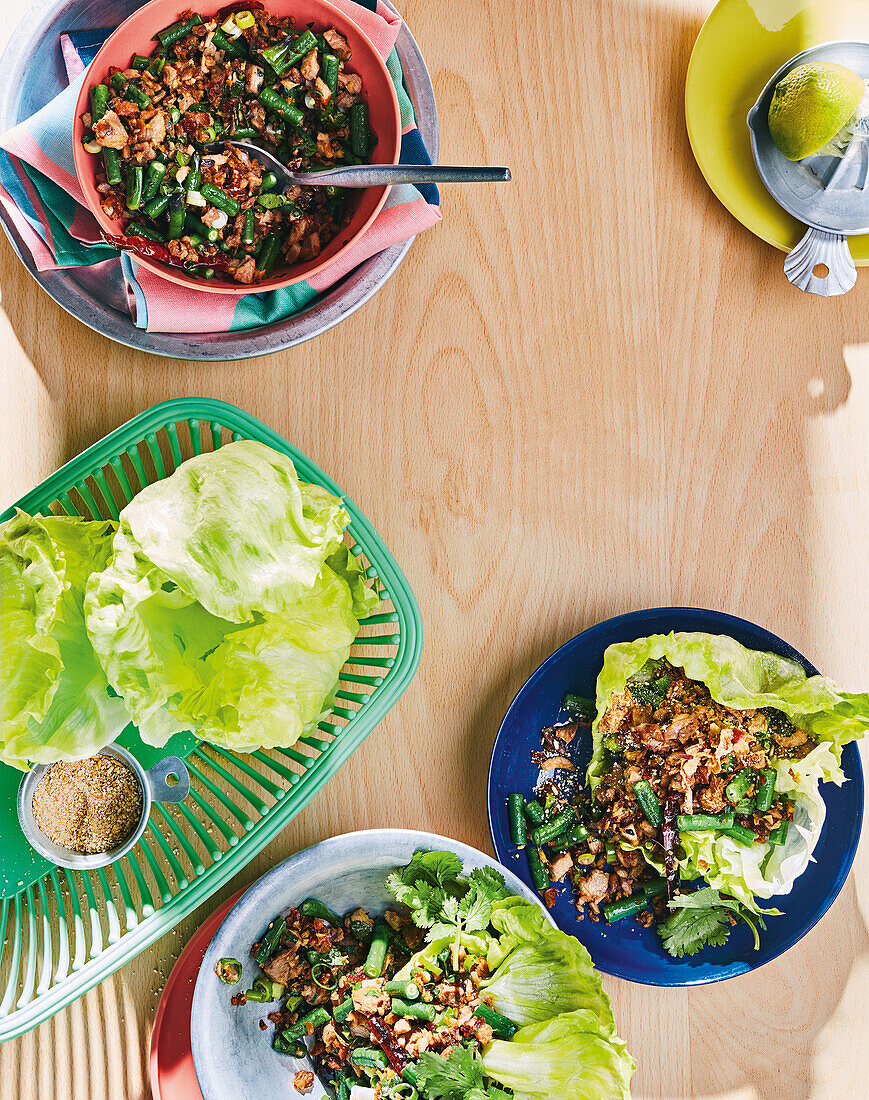 Asian minced meat salad with fresh herbs and lime