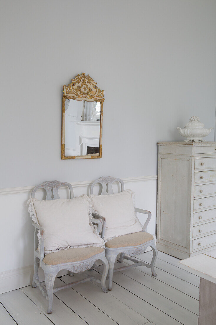 Antique seating duo with cushions under a gilded mirror