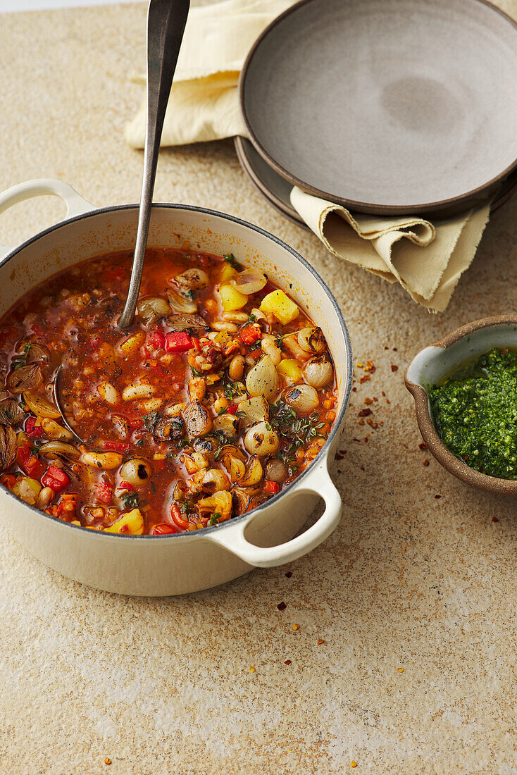 Italian bean pot with pancetta stock and potatoes