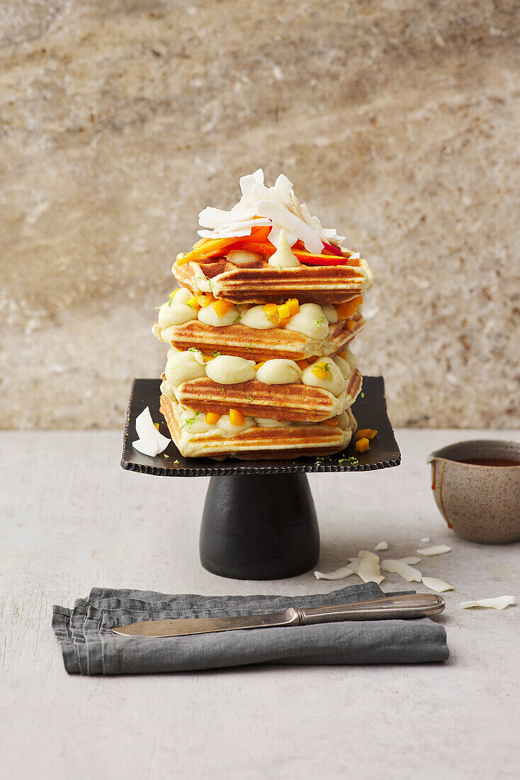Waffle cake with caramel-coconut cream