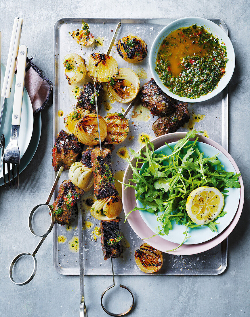 Wagyu beef rump skewers with chermoula and pickled onions