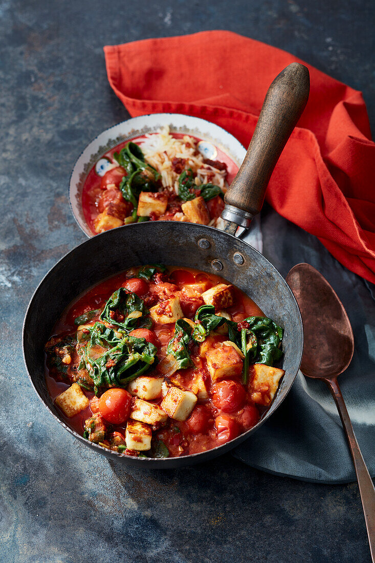 Indisches Spinat-Paneer-Curry mit Chiliöl