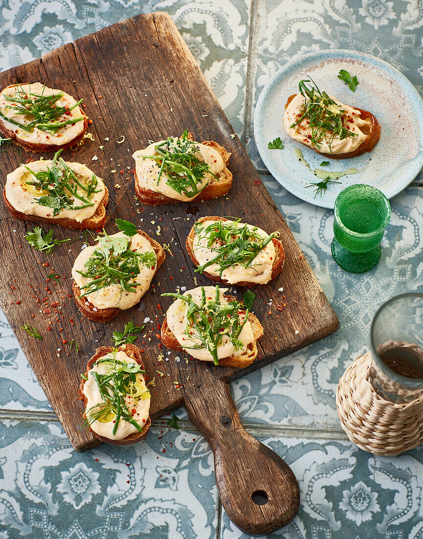 Tarama and herb salad on toasted ciabatta