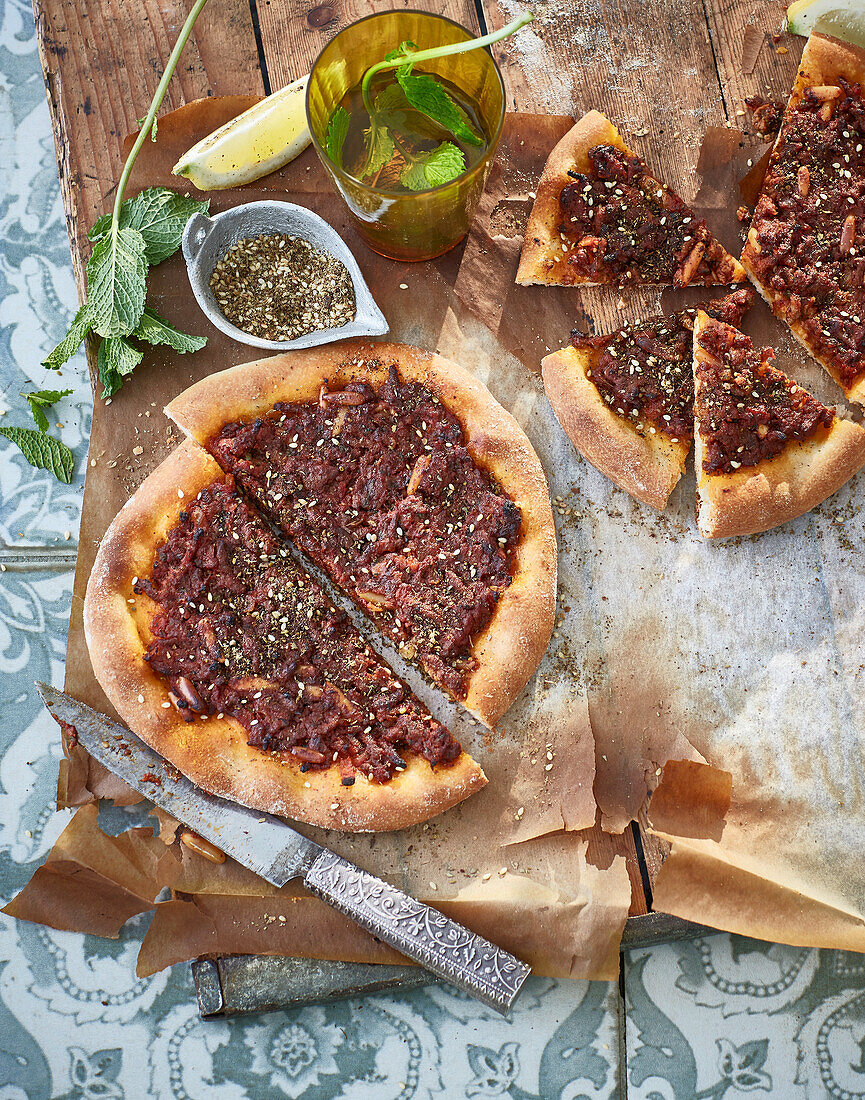 Manakish - flatbread with minced lamb and tomato sauce