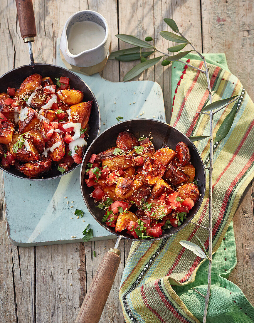 Spicy patatas bravas with sesame, harissa and tomato marinade