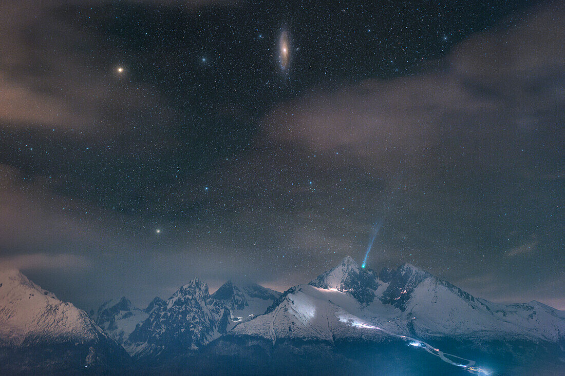 Comet 12P/Pons-Brooks and Andromeda galaxy above High Tatras, composite image