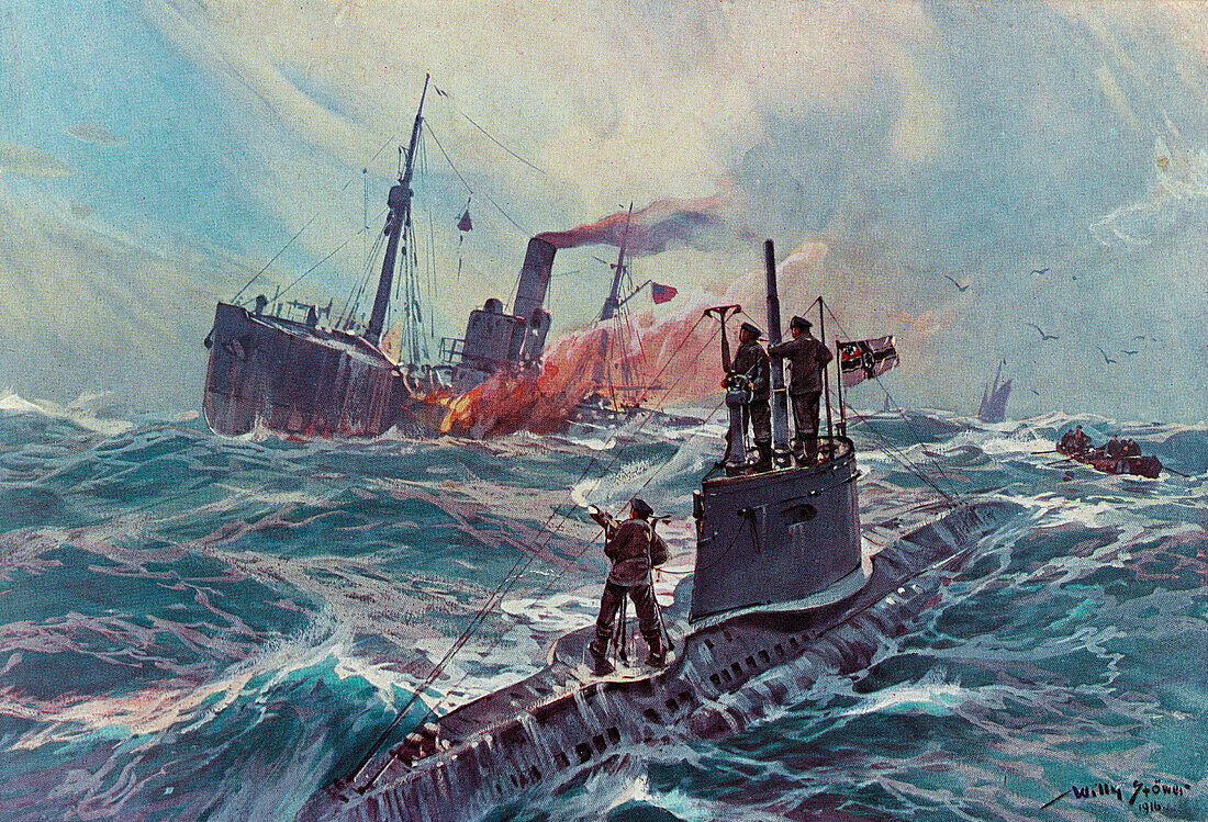 German submarine destroying English fishing boat, artwork