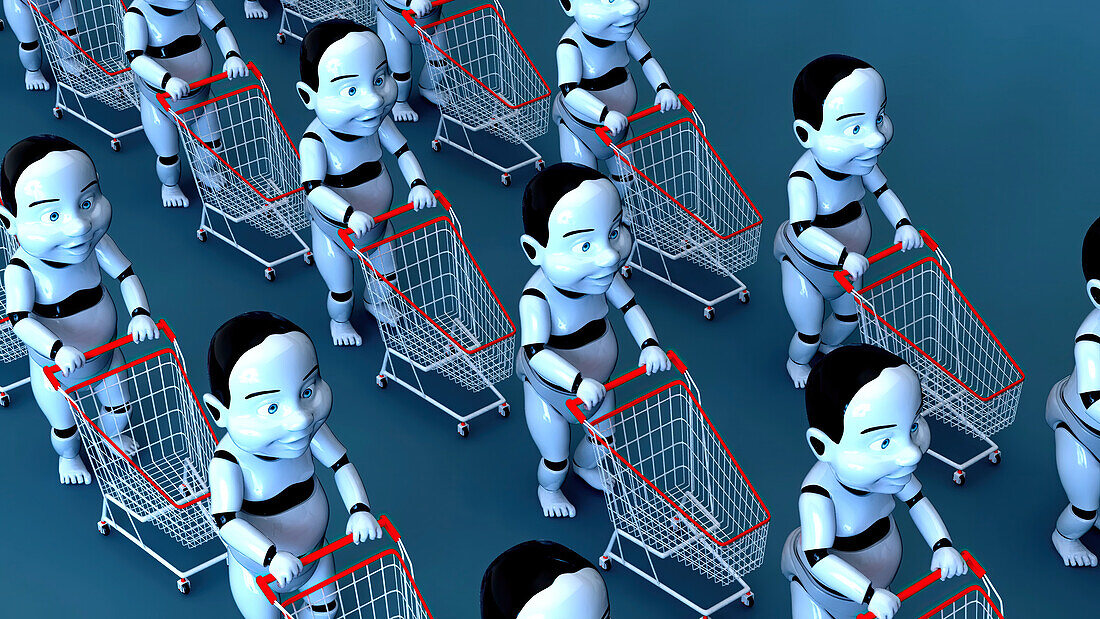 Robot-assisted shopping, conceptual illustration