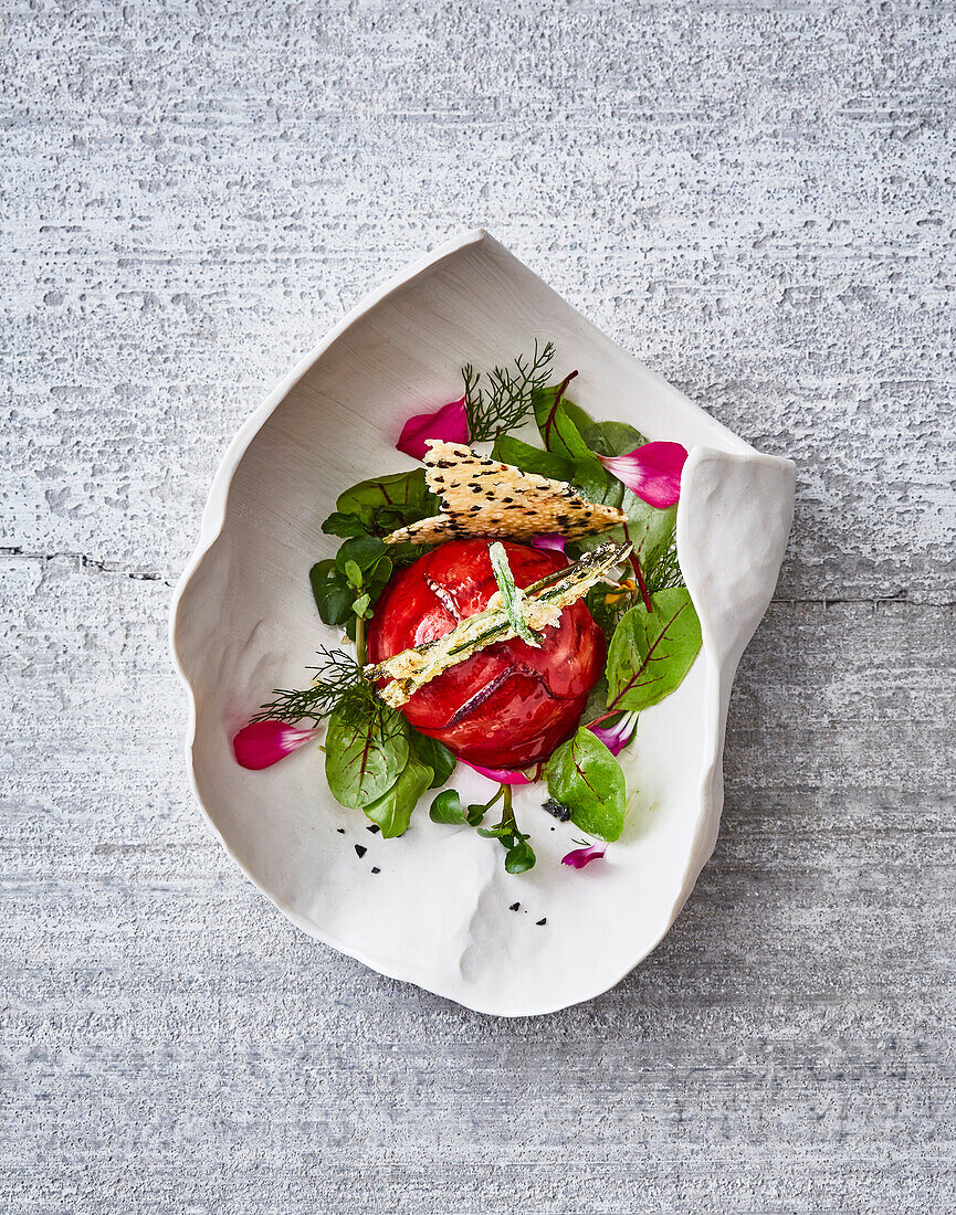 Aubergine praline with beetroot jelly and sesame brittle