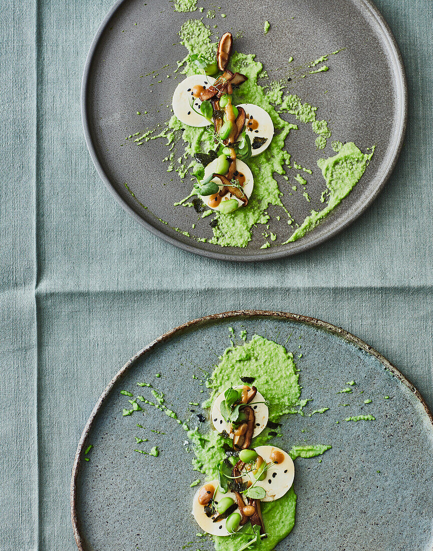 Tofu-Carpaccio mit Erbsen-Wasabi-Mus und Yuzo-Miso-Dressing