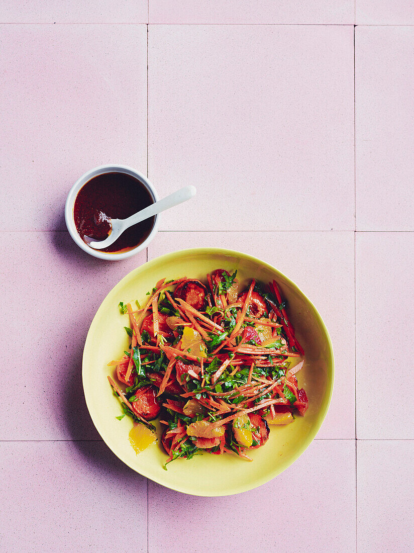 Vegan carrot salad with oranges and harissa