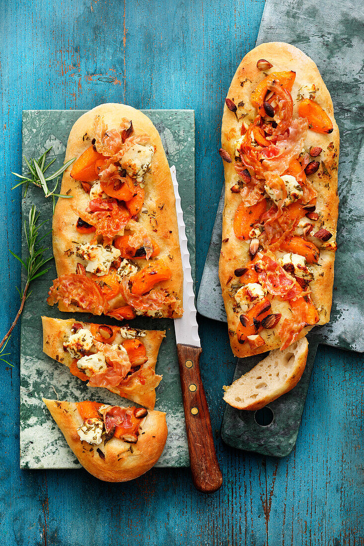 Apricot focaccia with almonds, rosemary feta and pancetta