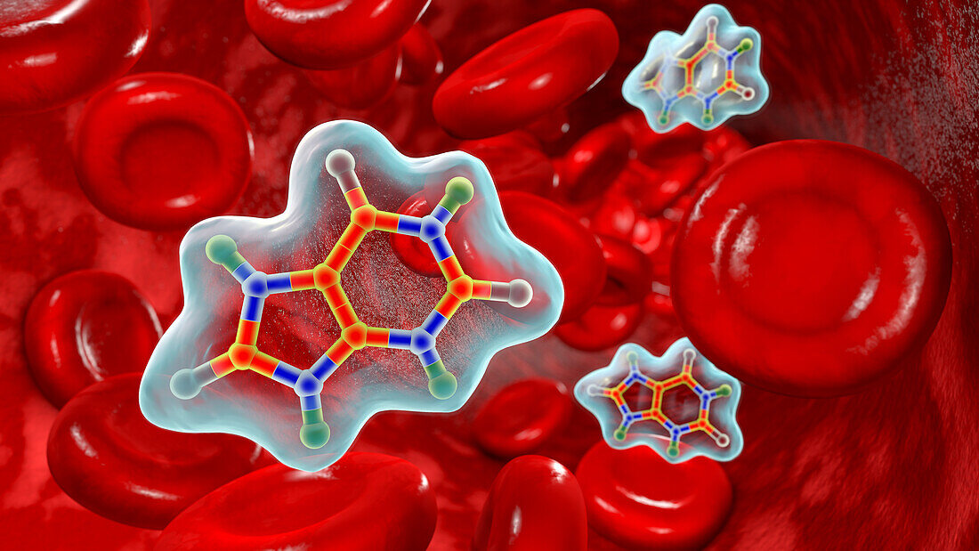 Uric acid molecule in blood circulation, illustration