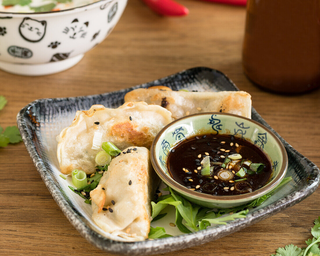 Fried gyoza with soya sauce and spring onions